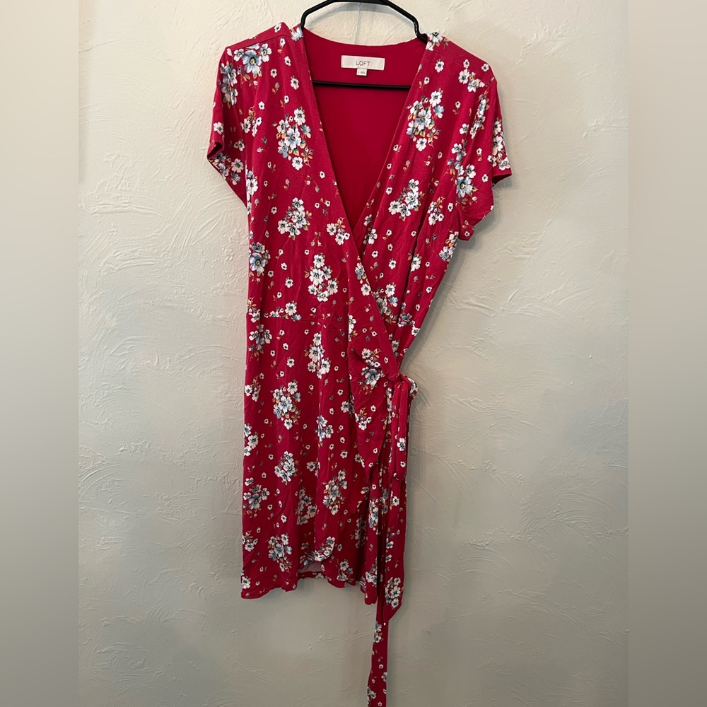 LOFT Red Floral Mini Wrap Dress